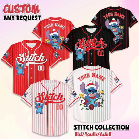 Discover Personalized Stitch Christmas Baseball Jersey, Custom Disney Holiday Shirt, Stitch Festive Outfit, Matching Family Tee