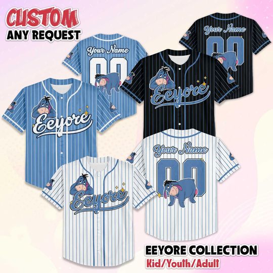 Discover Personalized Eeyore Baseball Jersey, Custom Winnie the Pooh Shirt, Disney Baseball Outfit, Matching Family Tee, Cute Gift for Pooh Fans