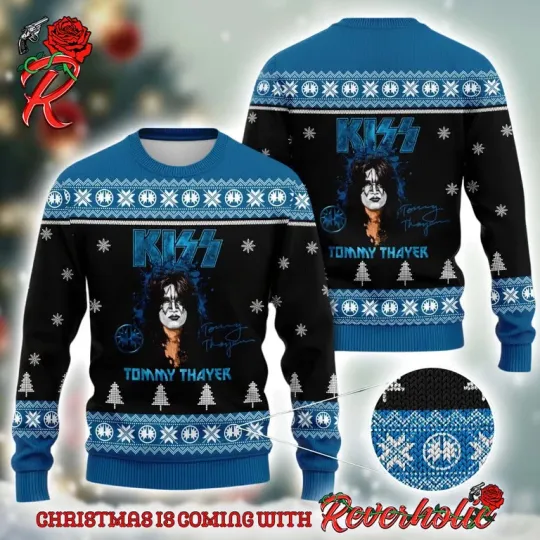 Discover K*iss Tommy Thayer Signature Ugly Xmas Sweater, Blue Knit Holiday Gift
