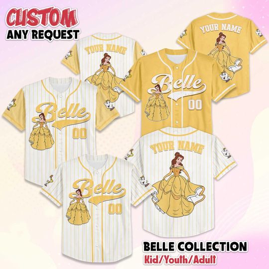 Discover Personalized Belle Princess Baseball Jersey, Custom Disney Princess Belle Baseball Shirt, Matching Disney Trip Outfit