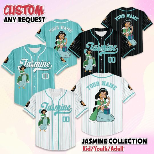Discover Personalized Jasmine Christmas Baseball Jersey, Custom Disney Aladdin Shirt, Jasmine Disney Outfit, Matching Family Jersey