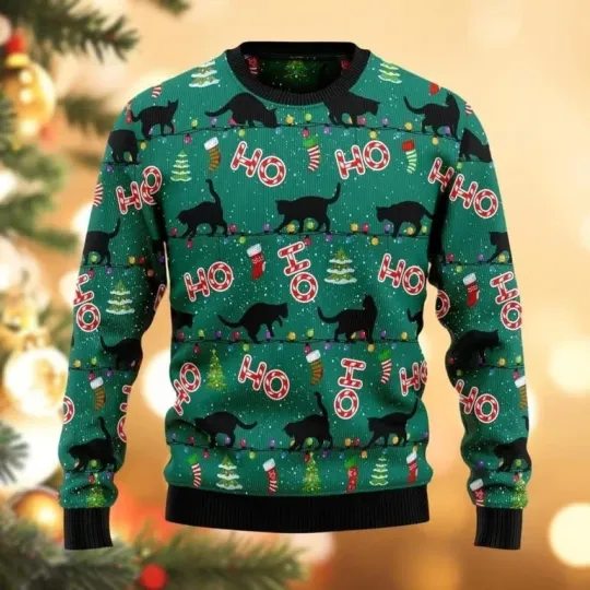 Discover Black Cat Ugly Christmas Sweater, Funny Xmas Sweater, Christmas Lights Shirt, Ca