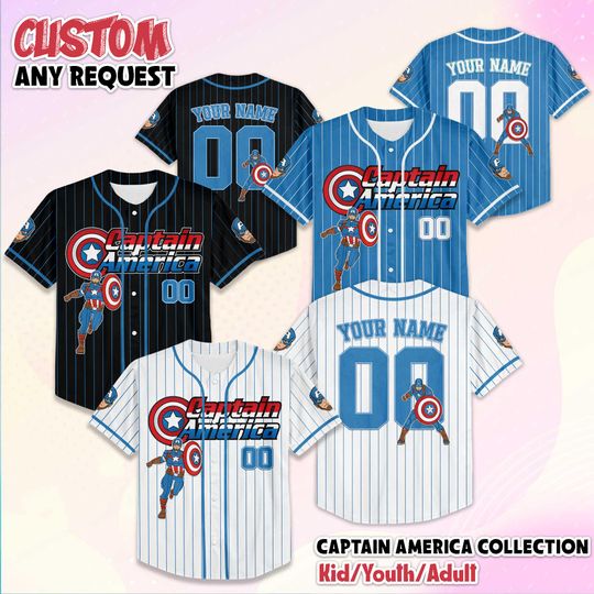 Discover Personalized Captain America Baseball Jersey, Custom Disney Captain America Baseball Shirt, Matching Disney Trip Outfit, Gift for Marvel Fan