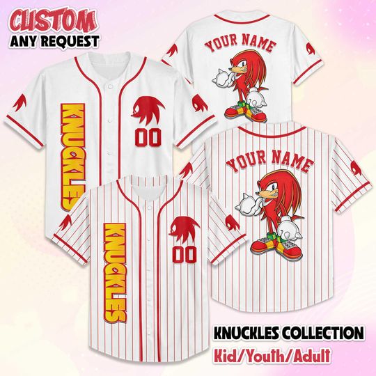 Discover Personalized Knuckles Baseball Jersey, Custom Sonic the Hedgehog Shirt, Knuckles Outfit, Matching Family Jersey, Gamer Birthday Gift