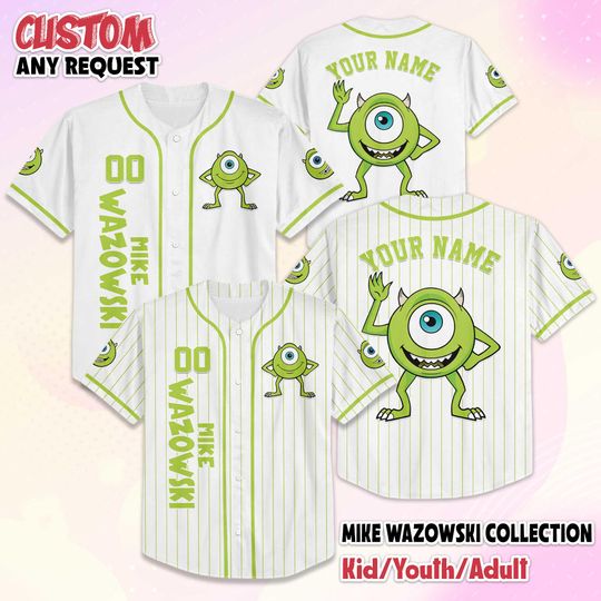Discover Custom Mike Wazowski Baseball Jersey, Disney Monsters Inc Baseball Shirt, Matching Disney Trip Outfit, Disney Baseball Fan Lover Gift