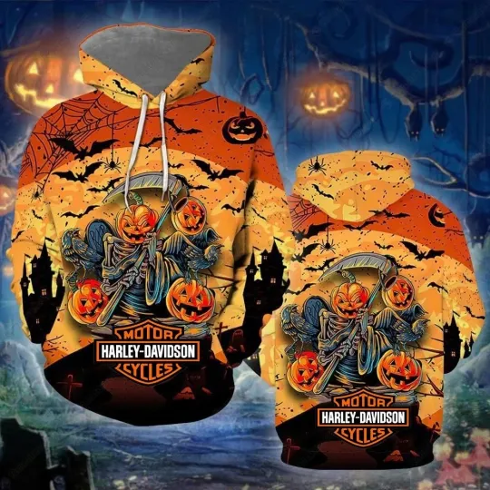 Discover Harley Halloween Grim Reaper Pumpkin Carving 3D Hoodie All Over Printed