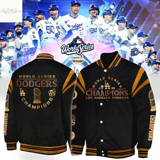 Discover Los Angeles city Dodger 2025 World Series Champions Black Baseball Jacket
