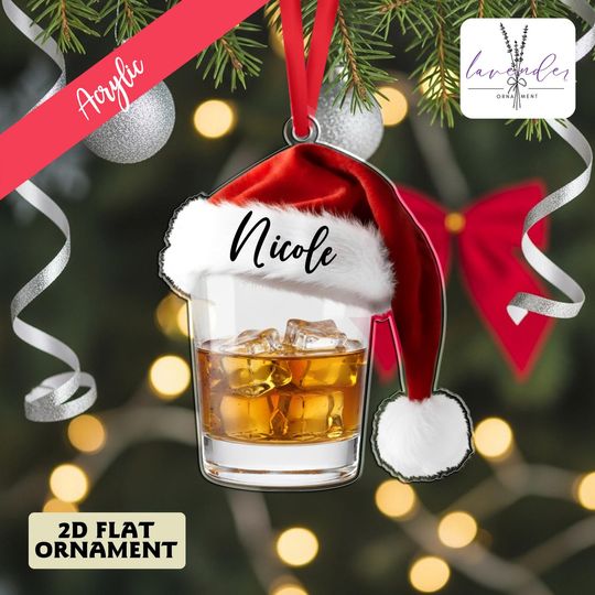 Discover Personalized Whiskey Glass Santa Hat Ornament, Bar Lover Xmas Gift