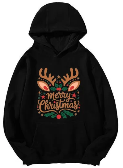 Discover Christmas Reindeer Antler Hoodie - Festive Merry Christmas Print Pullover