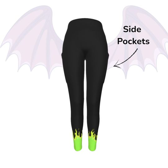 Discover Maleficent Running Leggings: Villain Cosplay - Green Flame Side Pocket