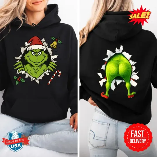 Discover Funny funny character Christmas Front-Back Hoodie, Two-Sided Santa funny character Hoodie