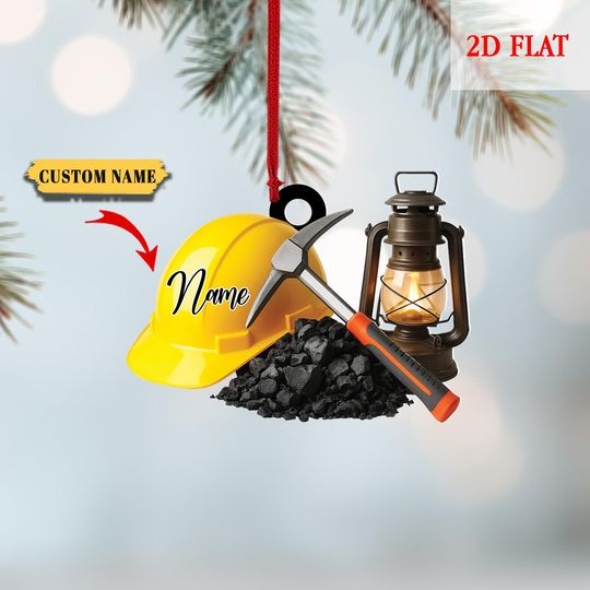 Discover Personalized Coal Miner Acrylic Ornament with Custom Name, Mining Hard Hat Christmas Tree Decoration