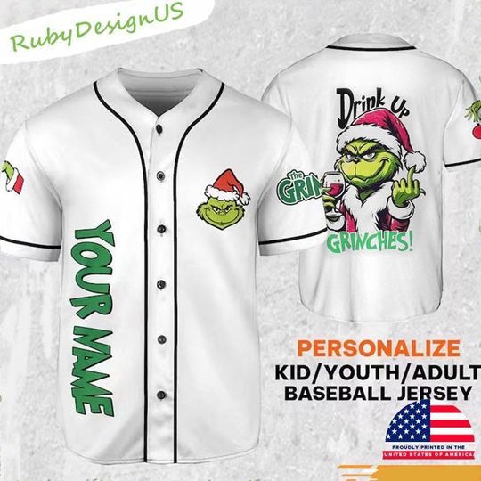 Discover funny character Baseball Jersey Personalized Name Drink Up GrinchesS, Custom Baseball Jersey, Gift For Friend, Christmas Gift