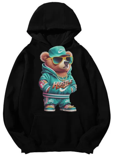 Discover Unisex "HUSTLE" Teddy Bear Graphic Hoodie – Streetwear Fashion