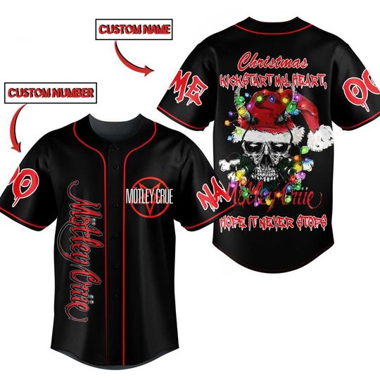 Discover Motley Crue Christmas Kick Start My Heart Hope It Never Stops Custom Baseball Jersey, Gift For Friend, Christmas Gift