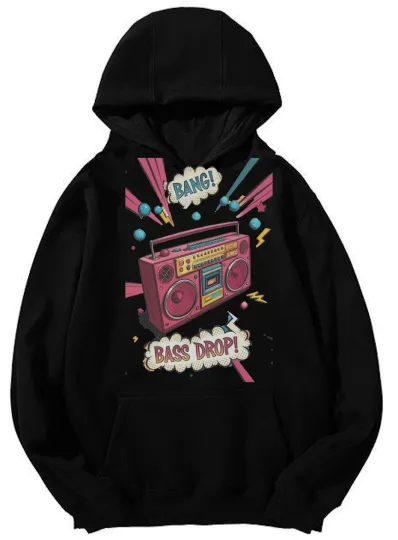 Discover Retro Boombox Bass Drop Hoodie Unisex Pullover Sweatshirt Black