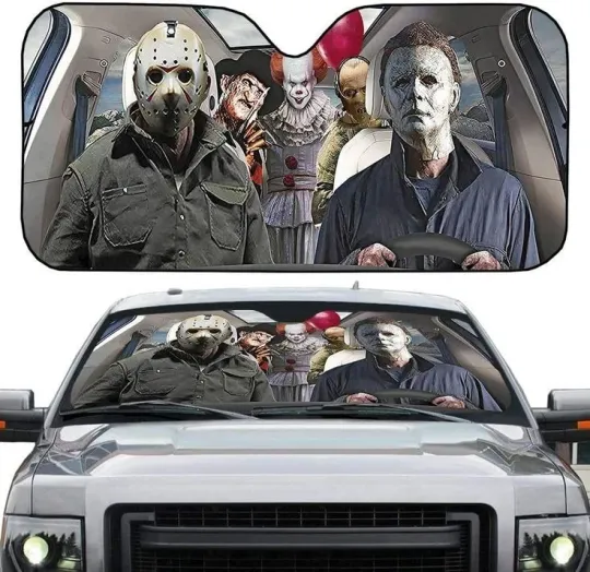 Discover Horror Characters Car Sunshade, Horror Movie Windshield Cover Happy Halloween