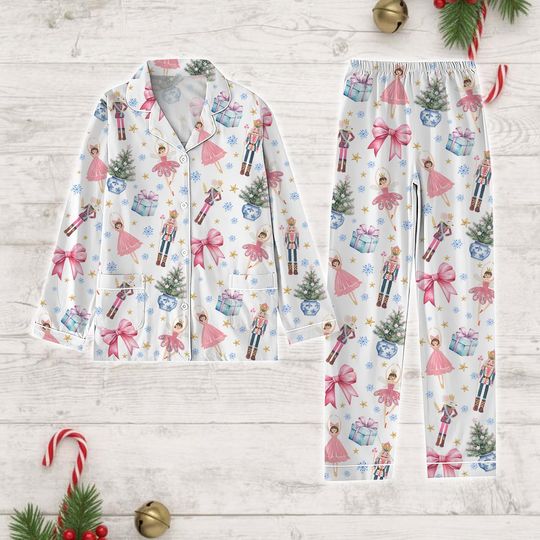 Coquette Nutcracker Christmas Pajamas Set, Pink Fairy Women Pajamas, Nutcracker Ballet Xmas Pajamas, Christmas Tree Shirt