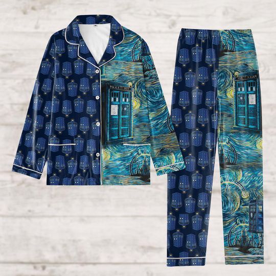 Doctor Who Pajamas, Police Box Starry Night Art Pajamas Set, Doctor Who Tardis Pajamas Pants, Doctor Who Women Pajamas