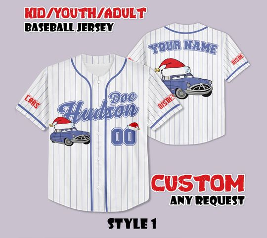 Discover Custom Doc Hudson Christmas Baseball Jersey, Personalized Disney Doc Hudson Xmas Jersey, Gift for Disney Fans, Pixar Cars Team Jersey