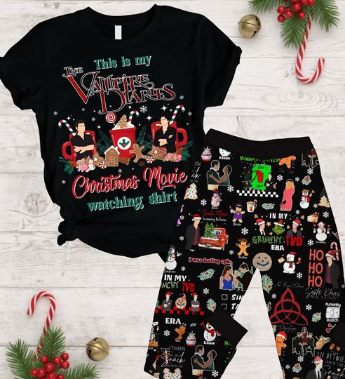 The Vampire Diaries Xmas Pajamas, Damon Salvatore T-Shirt Set, Mystic Falls Holiday Loungewear