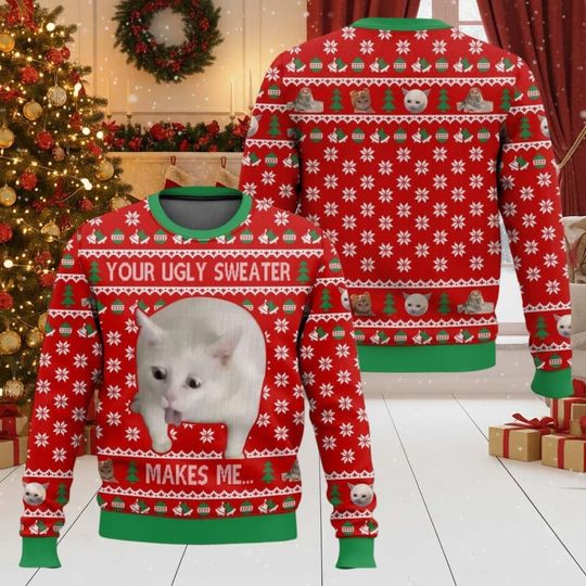 Discover Cat Meme Ugly Christmas Sweater, Meowy Christmas Sweatshirt, Cute Moment Christmas, Funny Family Xmas Sweater, Pet Lovers Gift