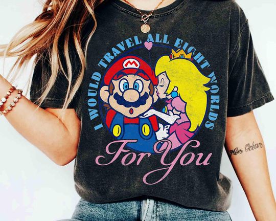 Super Mario & Princess Peach Eight Worlds Retro T-Shirt, Nintendo World Family Holiday Tee