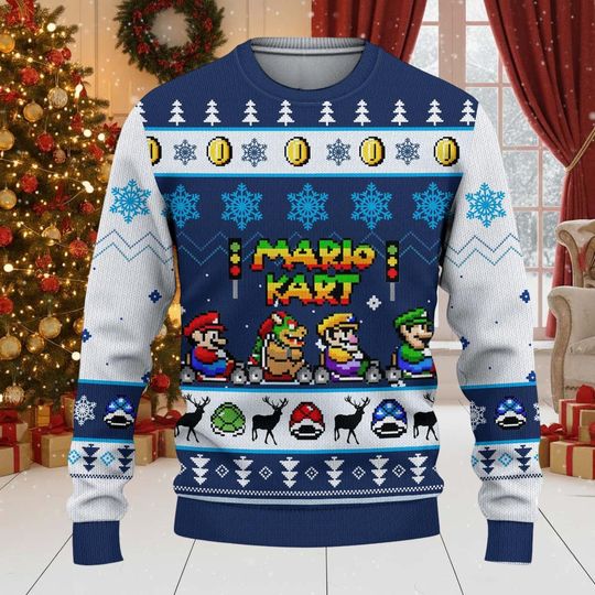 Mario Kart Christmas Ugly Sweater, Video Game Xmas Sweater, Super Mario Sweater Men, Christmas Gift