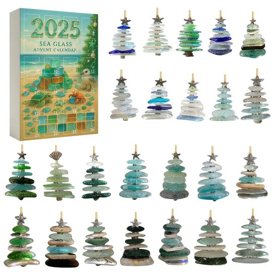 Discover Sea Glass Christmas Advent Calendar Blind Box, 24 Days Holiday Countdown Tree Hanging Ornaments, Acrylic Pendant for Xmas Home
