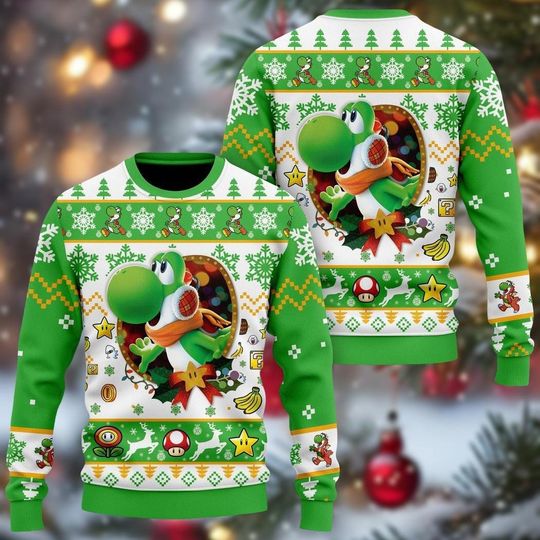 Yoshi Super Mario Christmas Ugly Sweater, Super Mario Bros Holiday Sweatshirt, Funny Mario Xmas Sweater for Gamers