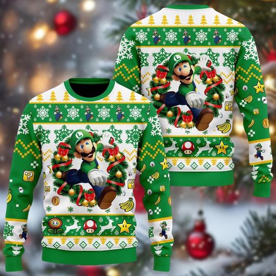 Christmas Luigi Super Mario Ugly Sweater, Super Mario Bros Holiday Sweatshirt, Funny Mario Xmas Sweater for Gamers