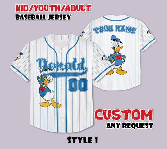 Discover Custom Donald Duck Baseball Jersey, Donald Duck Baseball Shirt, Personalized Disney Donald Jersey, Gift for Disney Fans, Magic Kingdom Gifts