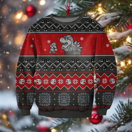 Retro Super Mario and Bowser Ugly Christmas Sweater, Mario Bros Xmas Sweater, Gaming Holiday Sweater for Men Women Kids