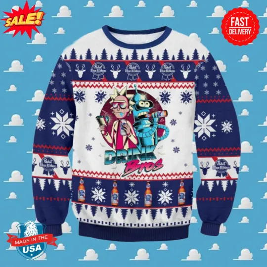 Pabst Blue Ribbon Rick And Rickandmorty Pattern Ugly Christmas Sweater