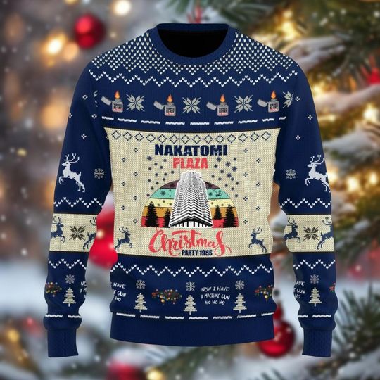 Retro Nakatomi Plaza Ugly Christmas Sweater, Die Hard Movie Holiday Sweatshirt for Men and Women