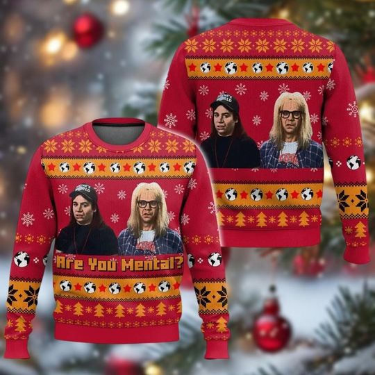 Wayne's World Are You Mental Christmas Ugly Sweater, Saturday Night Live Movie Xmas Sweatshirt
