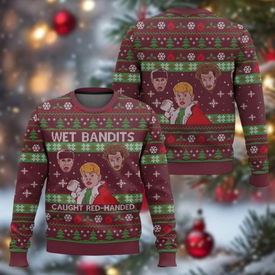 Christmas Home Alone Ugly Sweater with Wet Bandits, Kevin McCallister Funny Holiday Sweatshirt