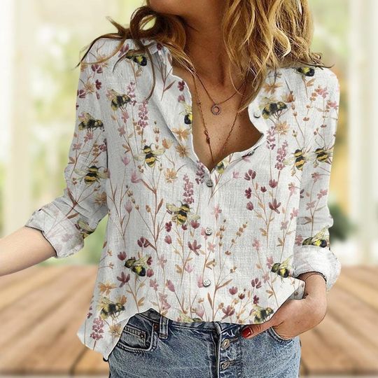 Discover Bees On Wildflowers Casual Shirt, Bee Floral Women Blouse, Bee Lover Linen-Look Shirt, Beekeeper Button Up Shirt, Summer Gift For Her
