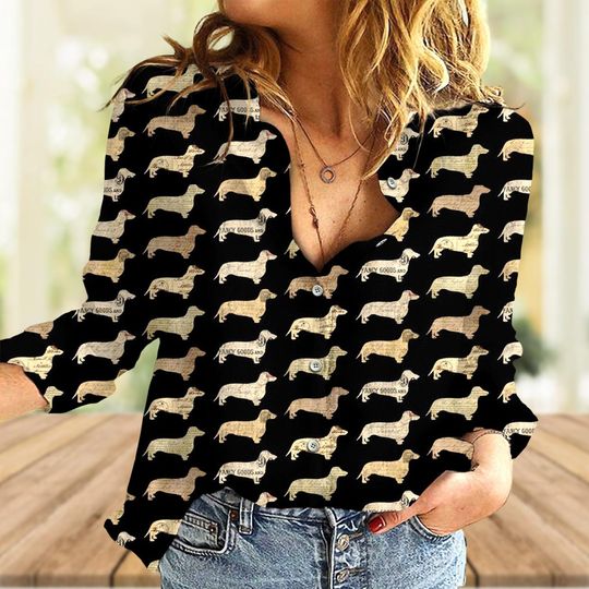 Discover Dachshund Dog Women Blouse, Dog Lover Shirt, Dog Mom Linen-Look Shirt