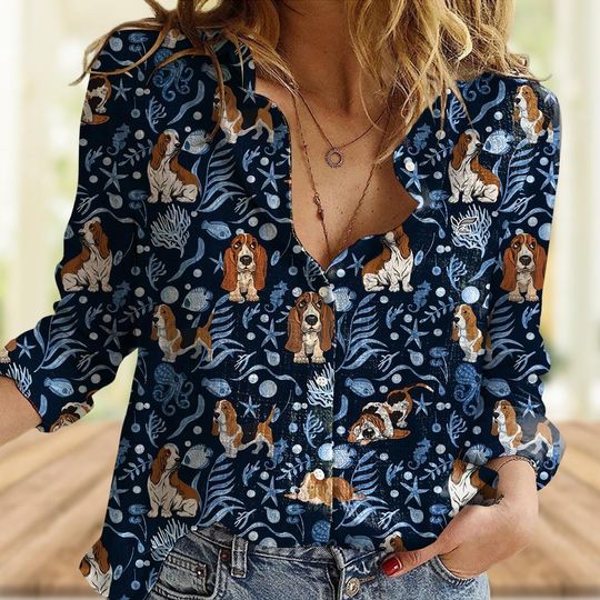 Discover Blue Ocean Pattern Basset Hound Dog Linen-Look Shirt, Pet Women Blouse, Dog Breed Shirt, Dog Lover Button Up Shirt, Long Sleeve Shirt