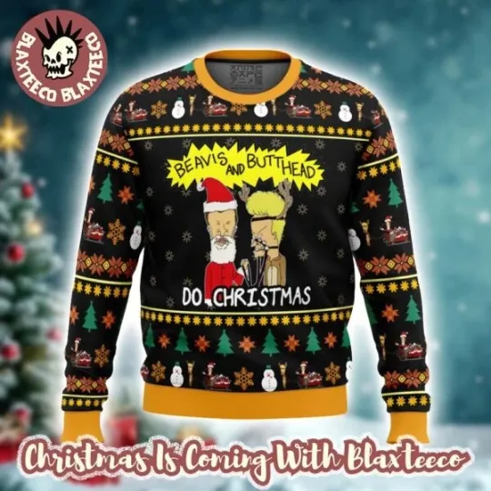 Beavis and Butthead Do Christmas Funny Santa And Reindeer Ugly Christmas Sweater
