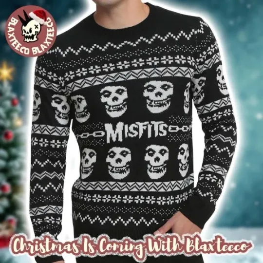 Discover Misfits Band Crimson Ghost Pattern Classic Knitted Black Ugly Christmas Sweater