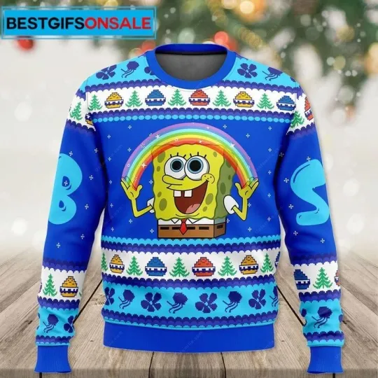 BG Spongebob Ugly Christmas Sweater Nick 90s Cartoons Rainbow Ugly Christmas