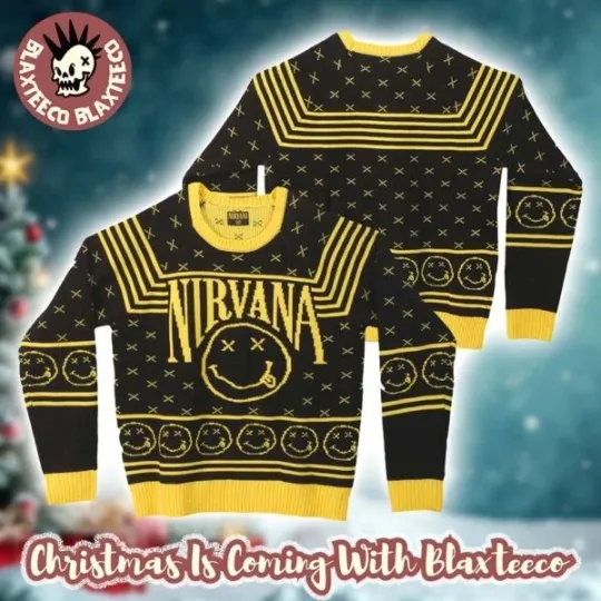 Discover Nirvana Smiley Big Logo Signature Black And Yellow Ugly Christmas Sweater