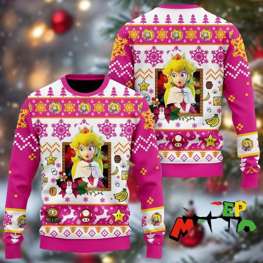 Christmas Princess Peach Ugly Sweater, Super Mario Bros Holiday Sweatshirt, Gamer Christmas Shirt