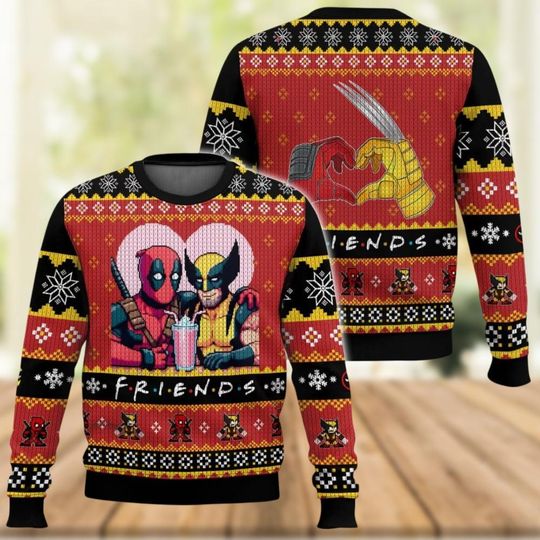 Deadpool Wolverine Ugly Sweater, Funny Best Friends Deadpool Holiday Sweater, Bestie Wolverine Xmas Sweater, Christmas Gift For Her Him