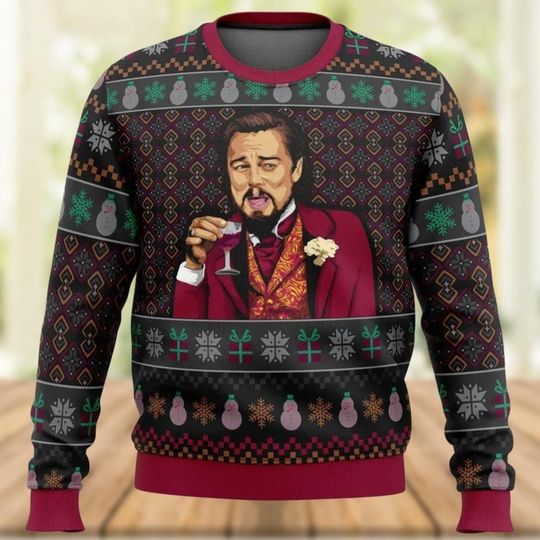Leonardo Dicaprio Christmas Ugly Sweater, Man Drinking Wine Sweater, Funny Meme Ugly Xmas Sweater, Holiday Sweater Gift For Woman Man