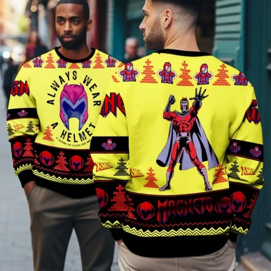 Always Wear A Helmet Magneto X-men 97 Christmas Ugly Sweater, Magneto Superhero