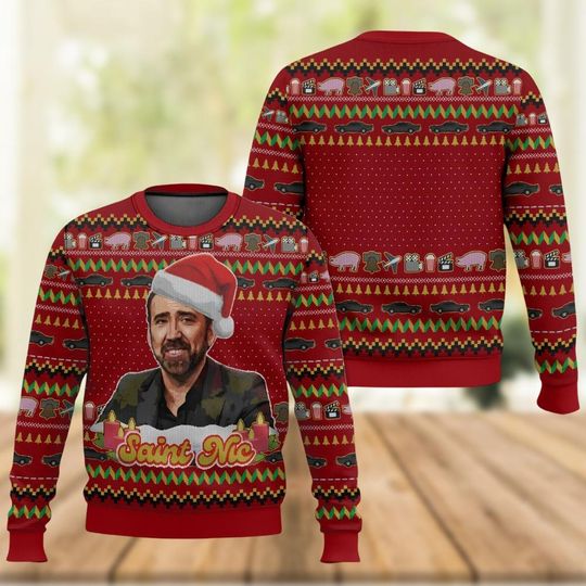 Saint Nicholas Christmas Ugly Sweater, Nicolas Cage Sweater, Jolly Old St. Nic Xmas Sweater, Funny Christmas Gift, Holiday Sweater