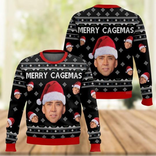 Nicolas Cage Ugly Christmas Sweater, Merry Cagemas Xmas Sweater, Funny Santa Memes Sweater For Men Women, Winter Sweater, Holiday Gifts